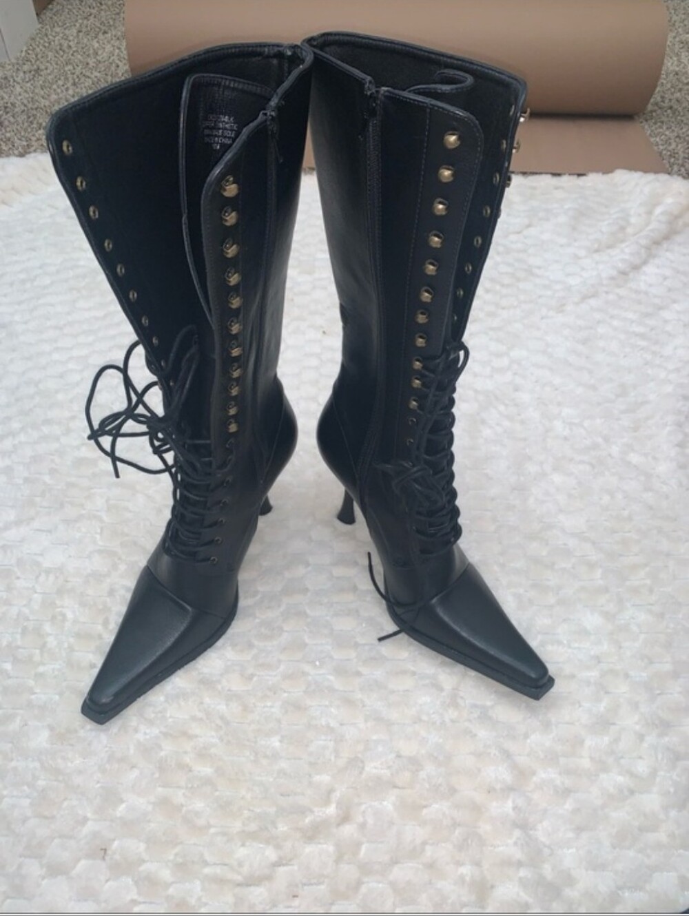 Dolls Kill Black Lace-Up Knee-High Heeled Boots with Gold Eyelets - Picture 3 of 11
